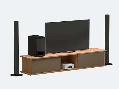 Wooden TV Stand With Flat Screen TV Speakers And Media Storage Compartment 3d model