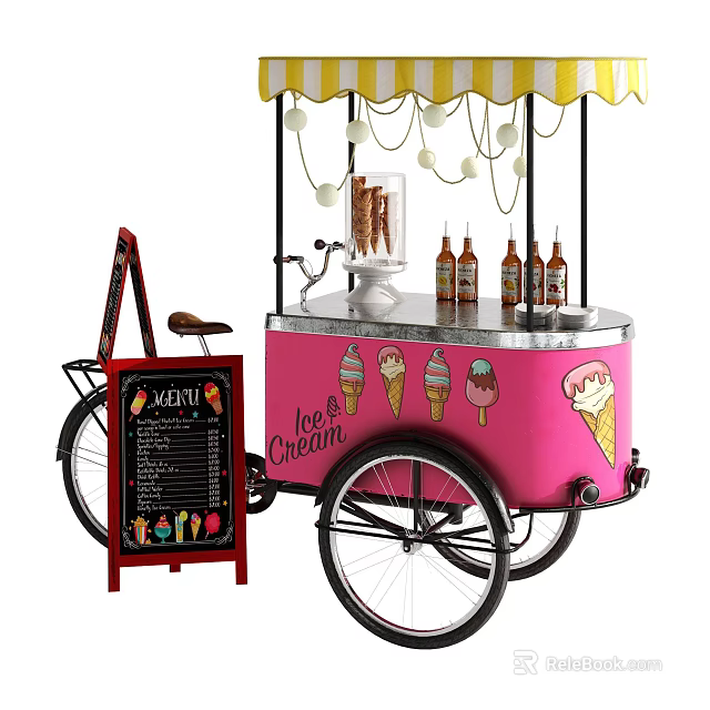 Pink Ice Cream Cart With Canopy Lights Chalkboard Sign And Cones Bottles 3d model 