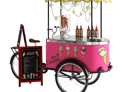 Pink Ice Cream Cart With Canopy Lights Chalkboard Sign And Cones Bottles 3d model