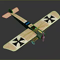 Vintage Biplane Model with Beige Wings Black Cross Symbols and Blue Stripe Design