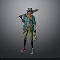 Colorful Anime Character Design With Green Jacket Baseball Bat Striped Pants Red Sneakers And Cap