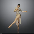 Woman Dancing In Traditional Floral Dress With Lifted Leg And Extended Arms On Gray Background