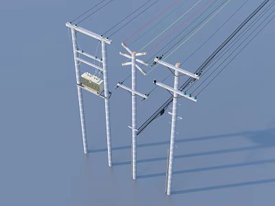 High Voltage Industrial Power Equipment With Utility Poles Transformer And Power Lines 3d model