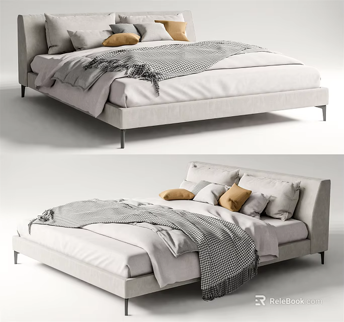 Modern Double Bed With Gray Frame Cozy Bedding Pillows And Blanket 3d model