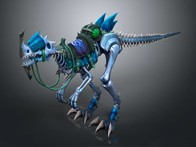 Skeleton Dinosaur Mount with Blue Spikes Mechanical Armor and Green Details 3d model