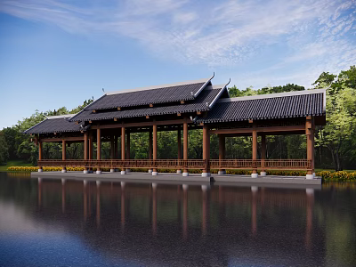 Traditional Chinese Waterfront Pergola With Black Tiled Roof Wooden Structure Reflection Trees And Blue Sky 3d model