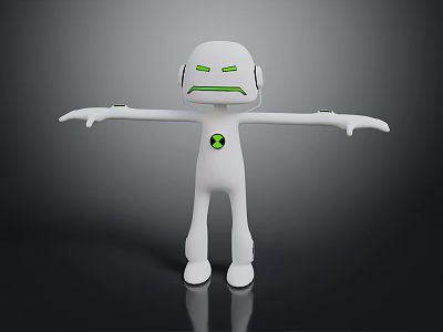 Game And Movie Character White Robot With Green Eyes Chest Symbol Arms Outstretched Dark Background 3d model