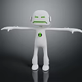 Game And Movie Character White Robot With Green Eyes Chest Symbol Arms Outstretched Dark Background