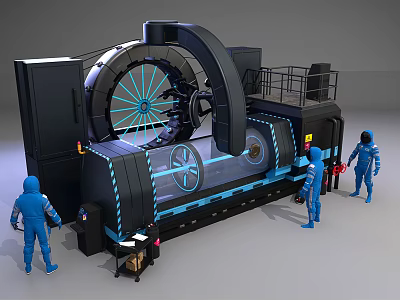Heavy Industrial Equipment Featuring Large Circular Component Blue Accent Lines And Operators In Blue Suits 3d model