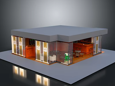 Modern Kiosk Structure With Glass Facade Wooden Panels Interior Tables And Green Plant 3d model