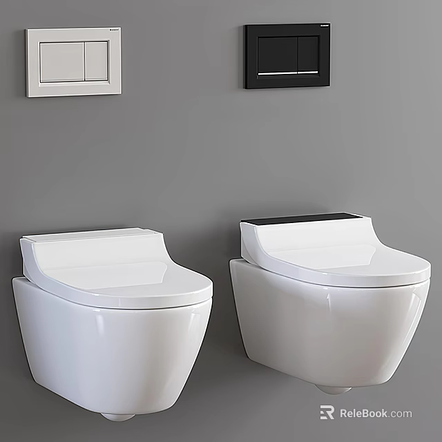 Two White Toilets Placed Against Gray Wall With White Cabinet And Black Framed Item 3d model 