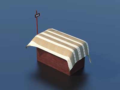 Brown Box Covered With Beige White Striped Cloth Near Red Pole Black Sign Blue Background 3d model