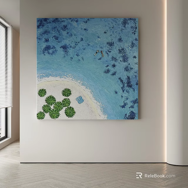 Abstract Painting With Blue Background Green Leaves And Sand Beach Design Elements 3d model