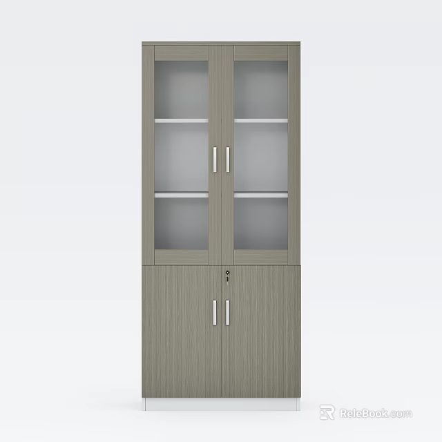 Modern Office Desk With Wooden Storage Cabinet Glass Doors Metal Handles And Shelves 3d model 
