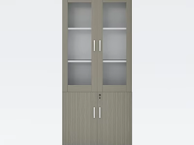 Modern Office Desk With Wooden Storage Cabinet Glass Doors Metal Handles And Shelves 3d model