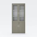 Modern Office Desk With Wooden Storage Cabinet Glass Doors Metal Handles And Shelves
