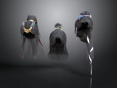 Stylish Long Black Hair Wigs With Various Decorative Ribbons And Beads 3d model