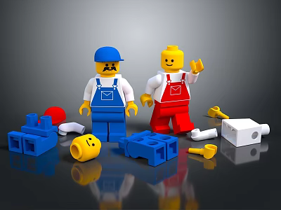 Lego Figures In Blue Red Overalls With Scattered Building Blocks And Parts 3d model