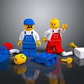 Lego Figures In Blue Red Overalls With Scattered Building Blocks And Parts