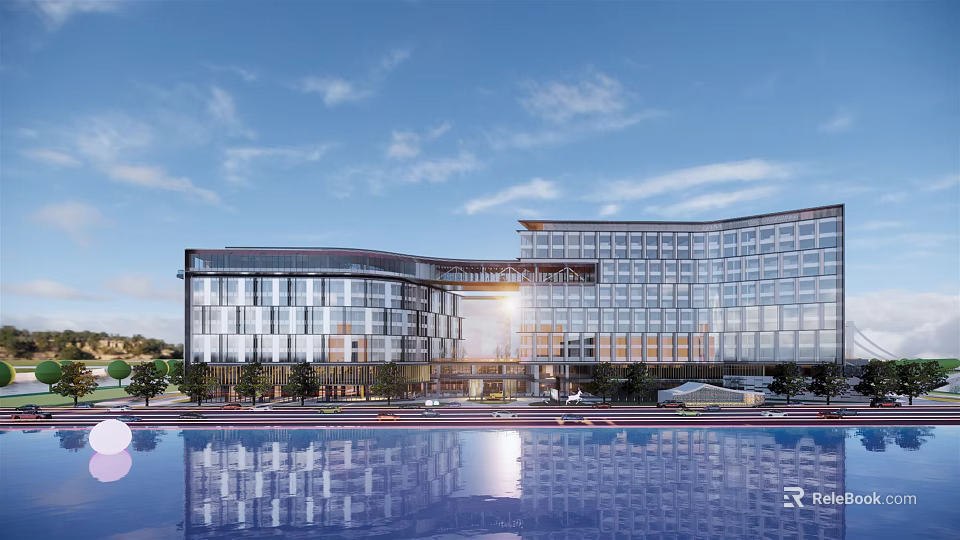 Modern Hotel Building Featuring Curved Glass Curtain Walls And Reflective Pool Under Blue Sky 3d model 