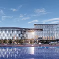 Modern Hotel Building Featuring Curved Glass Curtain Walls And Reflective Pool Under Blue Sky
