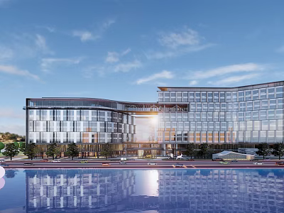Modern Hotel Building Featuring Curved Glass Curtain Walls And Reflective Pool Under Blue Sky 3d model