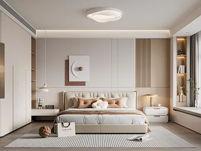 Modern Minimalist Bedroom Interior With Padded Headboard Bed Plush Pillows Nightstands And Soft Rug 3d model