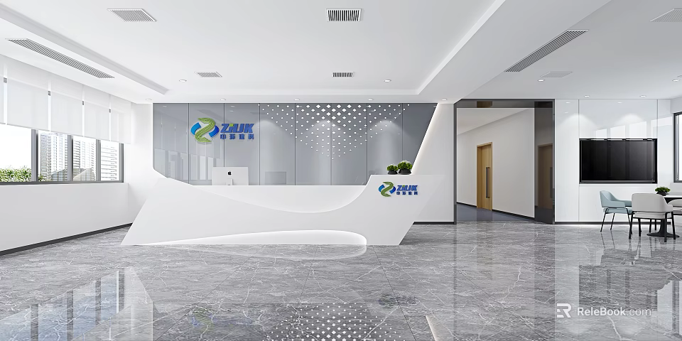 Sleek Modern White Curved Office Reception Desk With Company Brand Logo Display Background Wall 3d model 