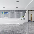 Sleek Modern White Curved Office Reception Desk With Company Brand Logo Display Background Wall