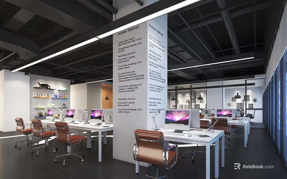 Modern Public Office Workspace With White Desks Leather Chairs And Multiple Computers 3d model