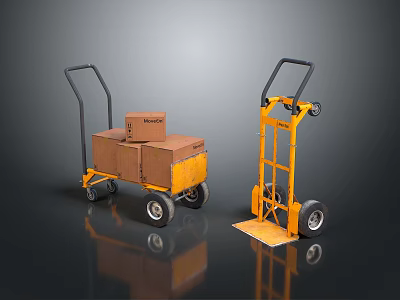 Two Yellow Industrial Transport Hand Trucks With Wheels Handles And Loading Design 3d model