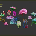 Colorful Fantasy 3D Rendered Plants with Mushroom Flower Jellyfish Shapes Reflective Effects Dark Background