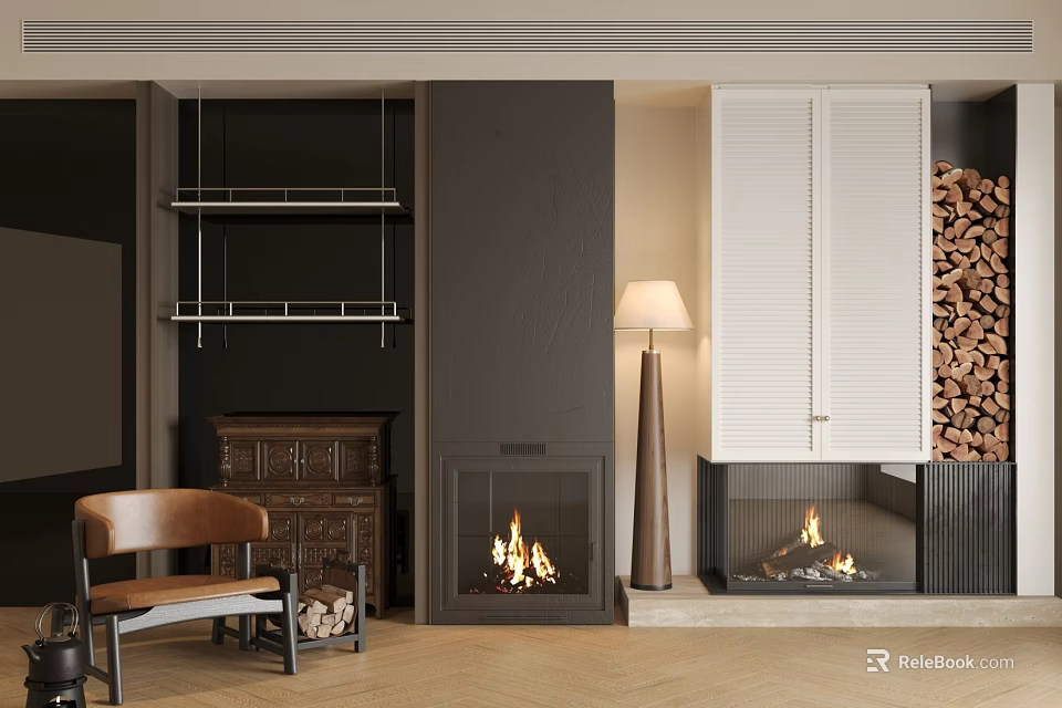 Cozy Interior With Black Walls Fireplaces White Louvered Cabinets Wood Stack And Floor Lamp 3d model 