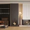 Cozy Interior With Black Walls Fireplaces White Louvered Cabinets Wood Stack And Floor Lamp
