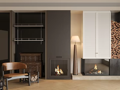 Cozy Interior With Black Walls Fireplaces White Louvered Cabinets Wood Stack And Floor Lamp 3d model