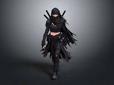 Woman in Black Ninja Style Outfit With Hooded Mask Swords on Back and Tattered Edges 3d model