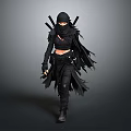 Woman in Black Ninja Style Outfit With Hooded Mask Swords on Back and Tattered Edges