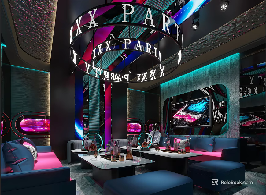 Modern KTV Lounge Interior With Neon Party Sign Stylish Sofas And Tables 3d model 