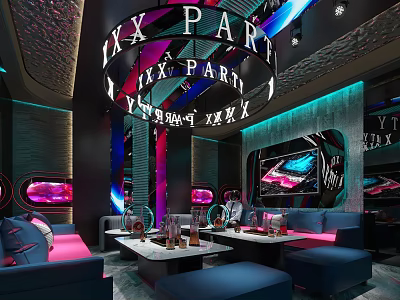 Modern KTV Lounge Interior With Neon Party Sign Stylish Sofas And Tables 3d model