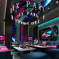Modern KTV Lounge Interior With Neon Party Sign Stylish Sofas And Tables