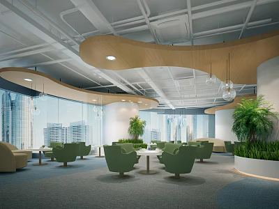 Modern Spacious Lounge Area With Green Chairs Round Tables Large Windows And City View 3d model