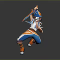 Cartoon Character In Blue White Orange Outfit With Cap Holding Weapon In Dynamic Jumping Pose