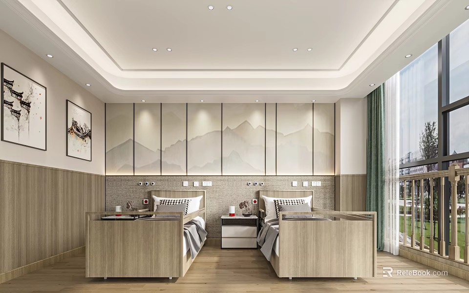 Modern Bedroom Interior With Two Single Beds Wooden Nightstands And Landscape Backdrop 3d model 