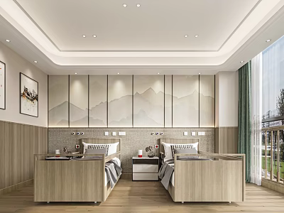 Modern Bedroom Interior With Two Single Beds Wooden Nightstands And Landscape Backdrop 3d model