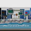 Lenovo Exhibition Booth With Blue Backdrops Display Screens White Seats And Podiums