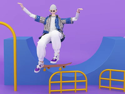 Game Movie Character Skateboarding With Purple Skateboard In Purple Background Blue Curved Structures Yellow Railings White Cap 3d model