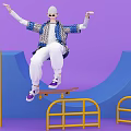 Game Movie Character Skateboarding With Purple Skateboard In Purple Background Blue Curved Structures Yellow Railings White Cap