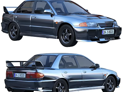 Classic Silver Car With Rear Spoiler Black Alloy Wheels Front And Rear Views 3d model