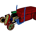 Vintage Style Red Toy Car With Blue Accents Large Wheels And Engine Details