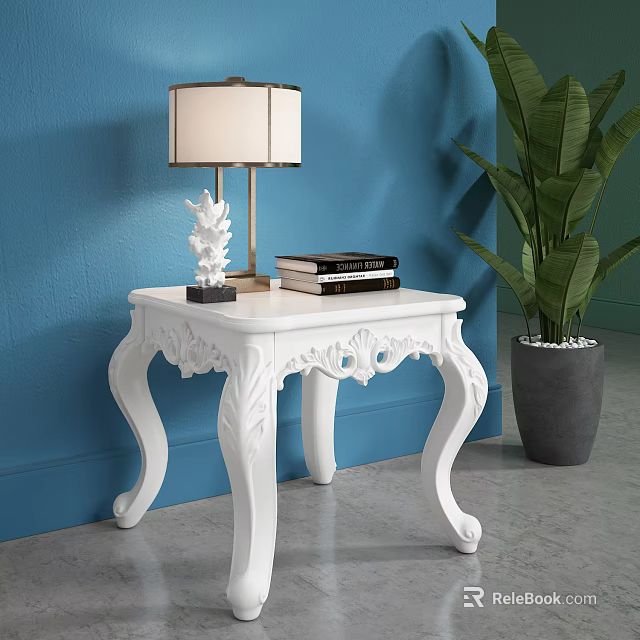 White Carved Side Table With Table Lamp Books Decorative Item Blue Wall And Green Plant 3d model 